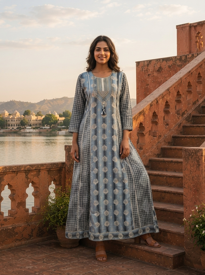 Grey Rayon Geometric Diamond Printed Dress