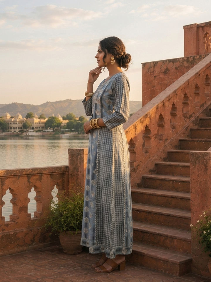 Grey Rayon Geometric Diamond Printed Dress