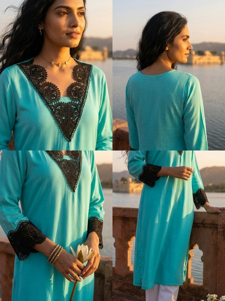Ferozi Rayon Solid With Crochet Cutwork Lace Kurta