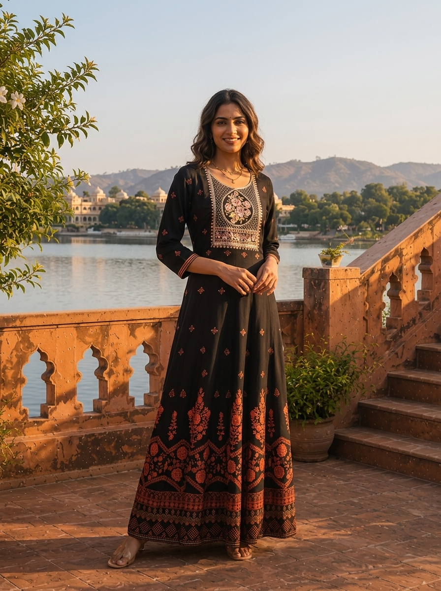 Black Rayon Geometric Resham Embroidered Dress