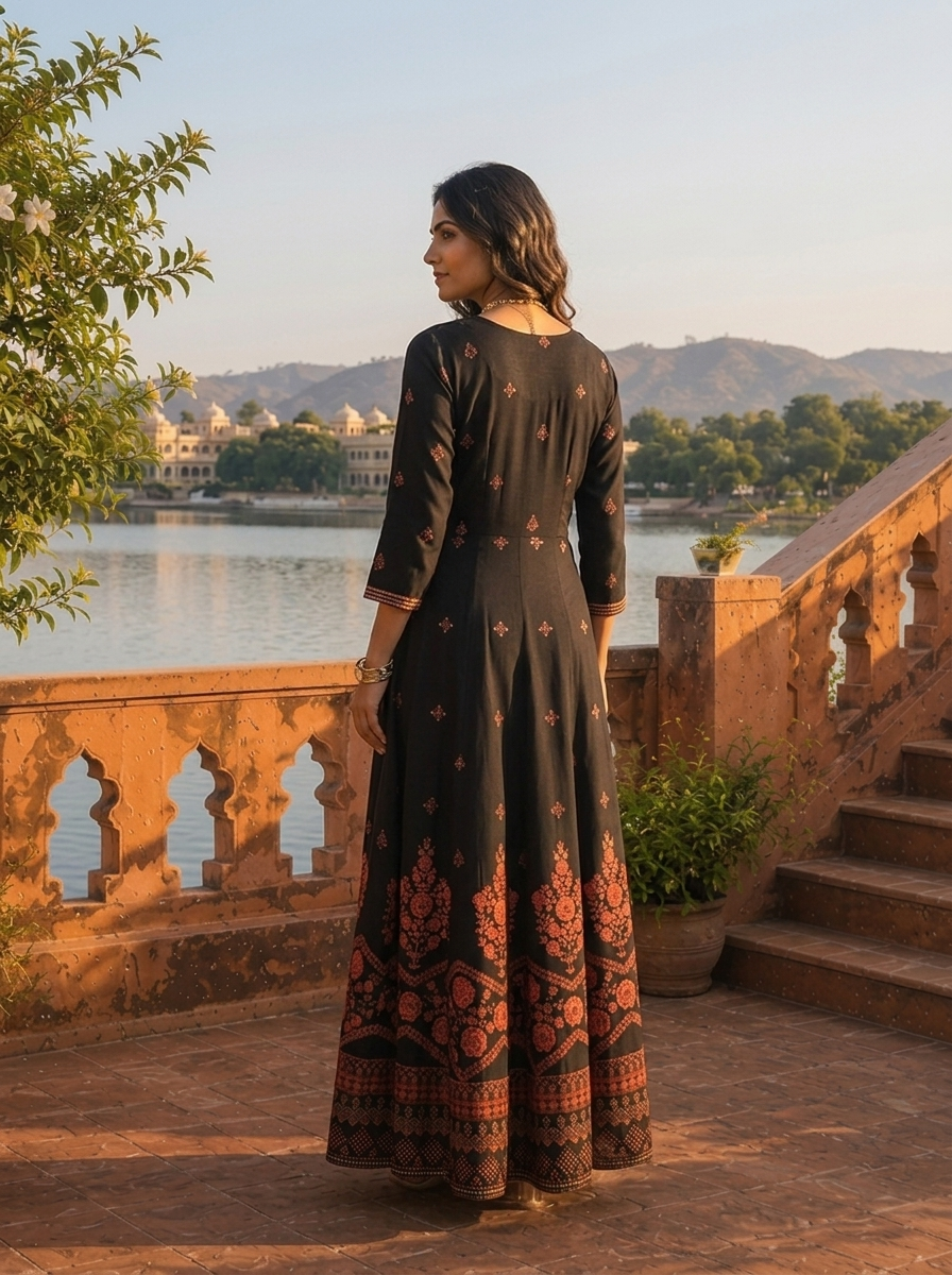 Black Rayon Geometric Resham Embroidered Dress
