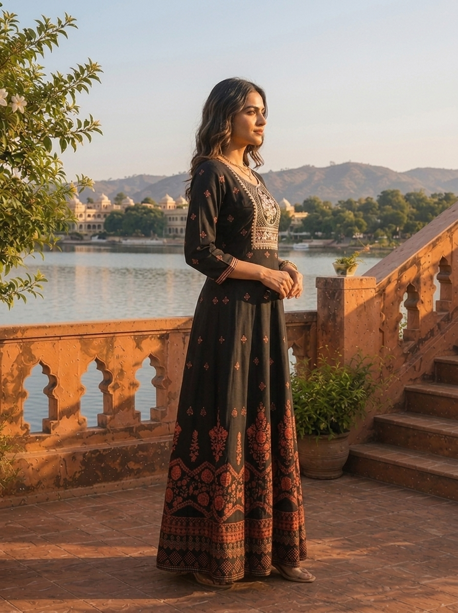 Black Rayon Geometric Resham Embroidered Dress