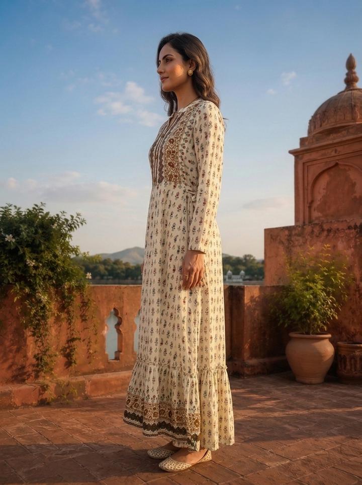 Cream Rayon Floral Buti Printed Dress