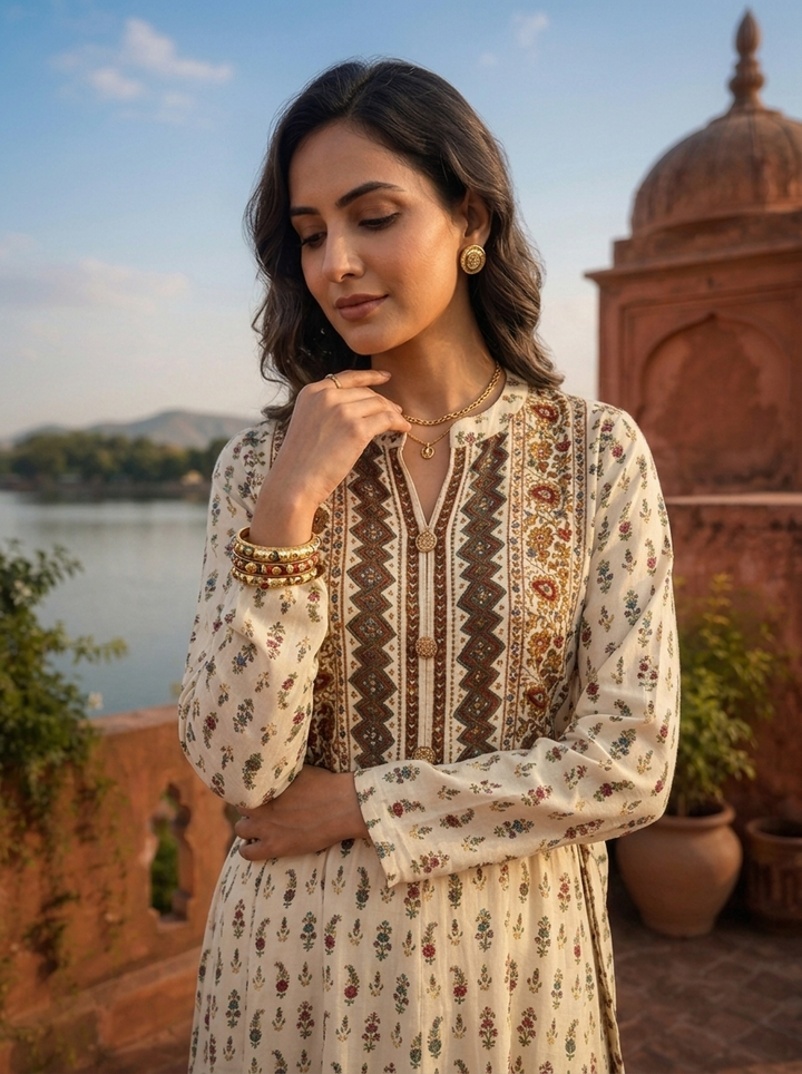 Cream Rayon Floral Buti Printed Dress