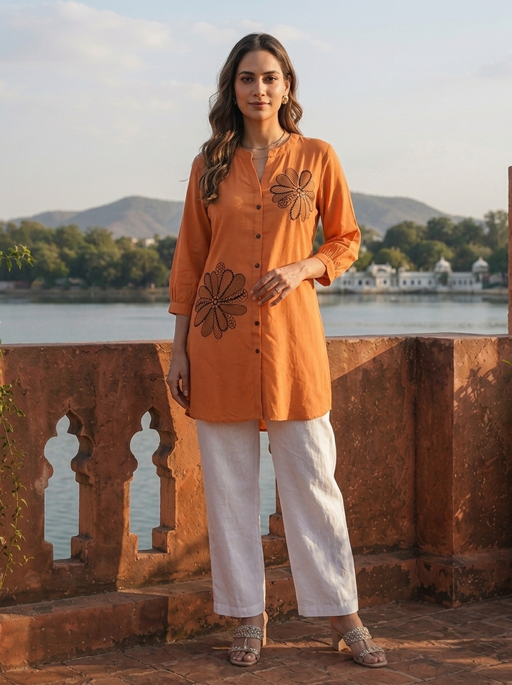 Rust Rayon Floral Applique Motifs Embroidered Tunic Top