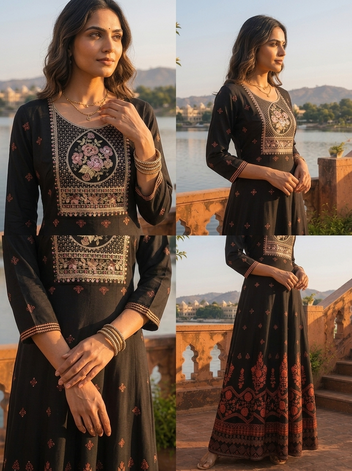 Black Rayon Geometric Resham Embroidered Dress