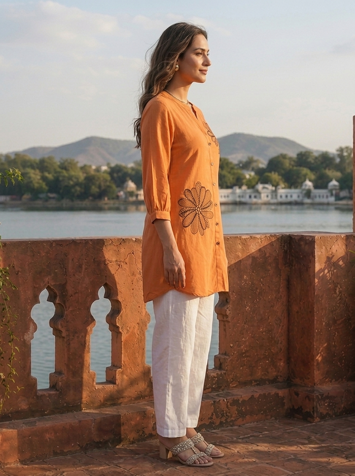 Rust Rayon Floral Applique Motifs Embroidered Tunic Top