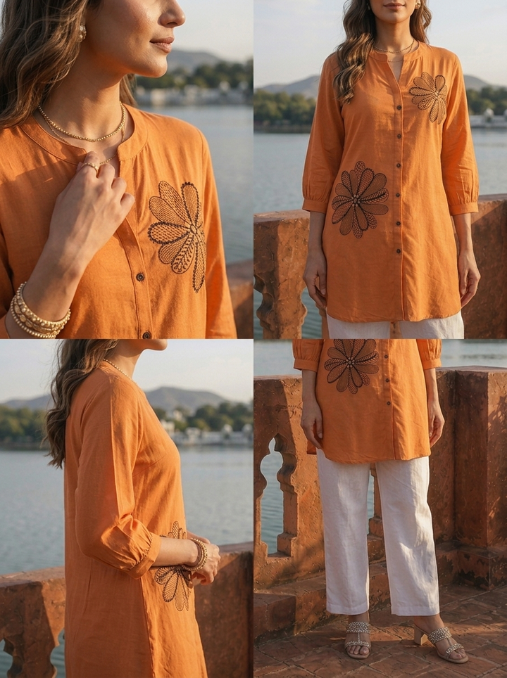Rust Rayon Floral Applique Motifs Embroidered Tunic Top