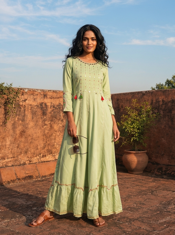 Pista Rayon Ruffle Multi Color Thread Embroidered Dress