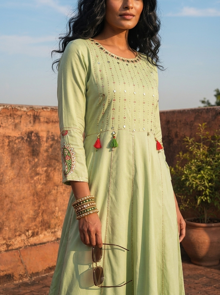 Pista Rayon Ruffle Multi Color Thread Embroidered Dress