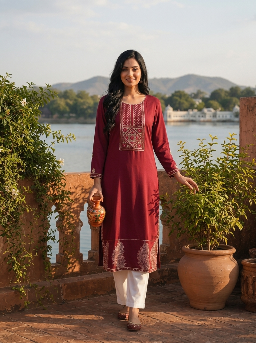 Maroon Rayon Geometric Cross-Stitch Style Embroidered Kurta