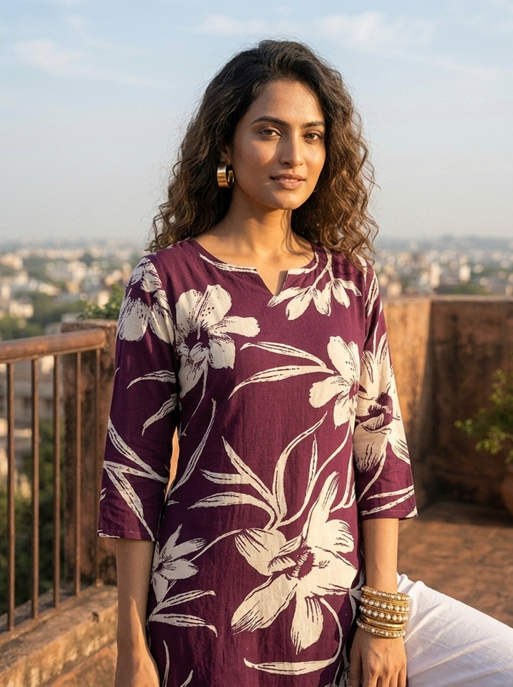Wine Rayon Bold Floral Printed Kurta