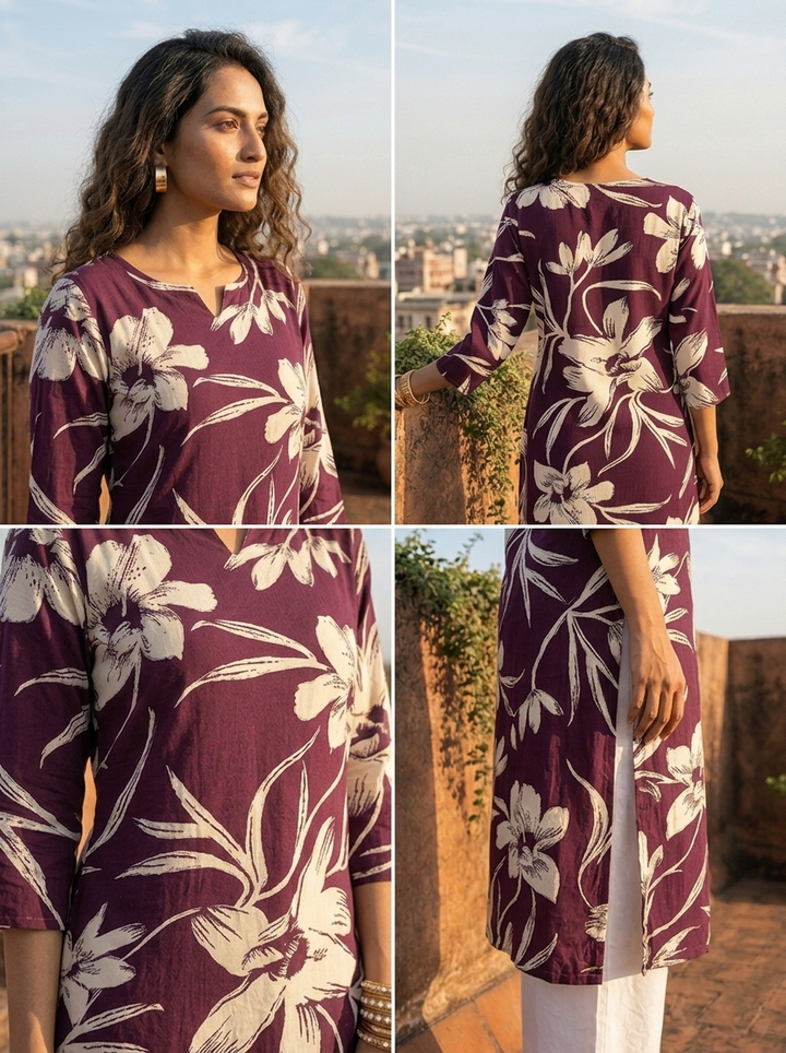 Wine Rayon Bold Floral Printed Kurta