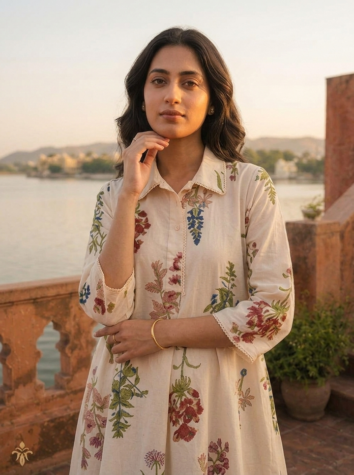 Cream Cotton Scattered Wildflower Motifs Printed Co-ord Set