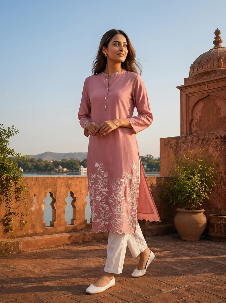 Onion Rayon Intricate Floral Motifs Embroidered Kurta