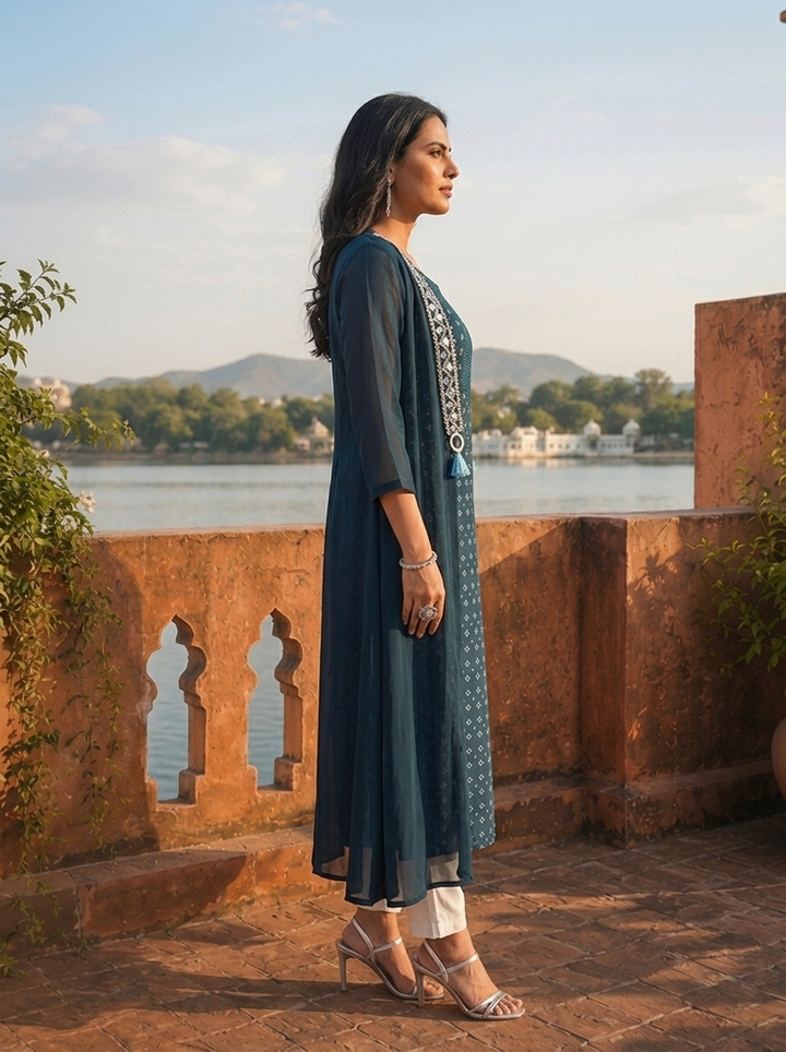 Peacock Georgette Bandhani Printed Dress