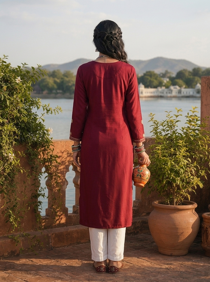 Maroon Rayon Geometric Cross-Stitch Style Embroidered Kurta