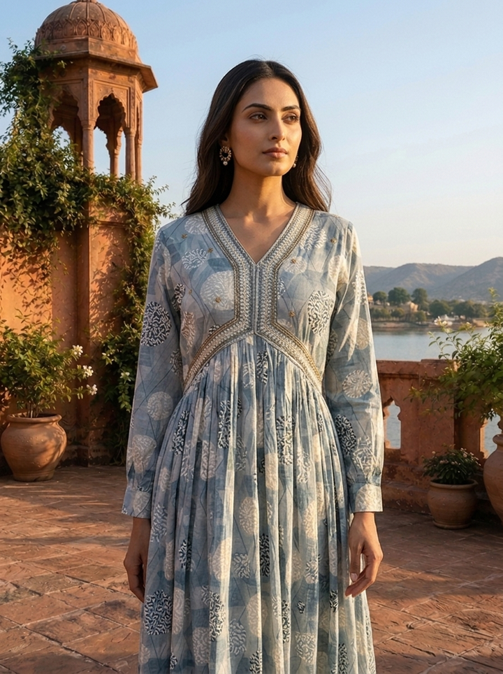 Light Blue Rayon Overlaid Geometric Grid Printed Dress