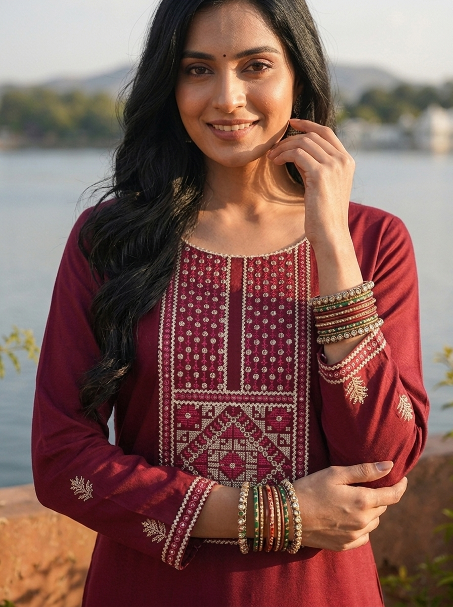 Maroon Rayon Geometric Cross-Stitch Style Embroidered Kurta