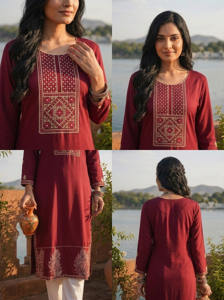 Maroon Rayon Geometric Cross-Stitch Style Embroidered Kurta