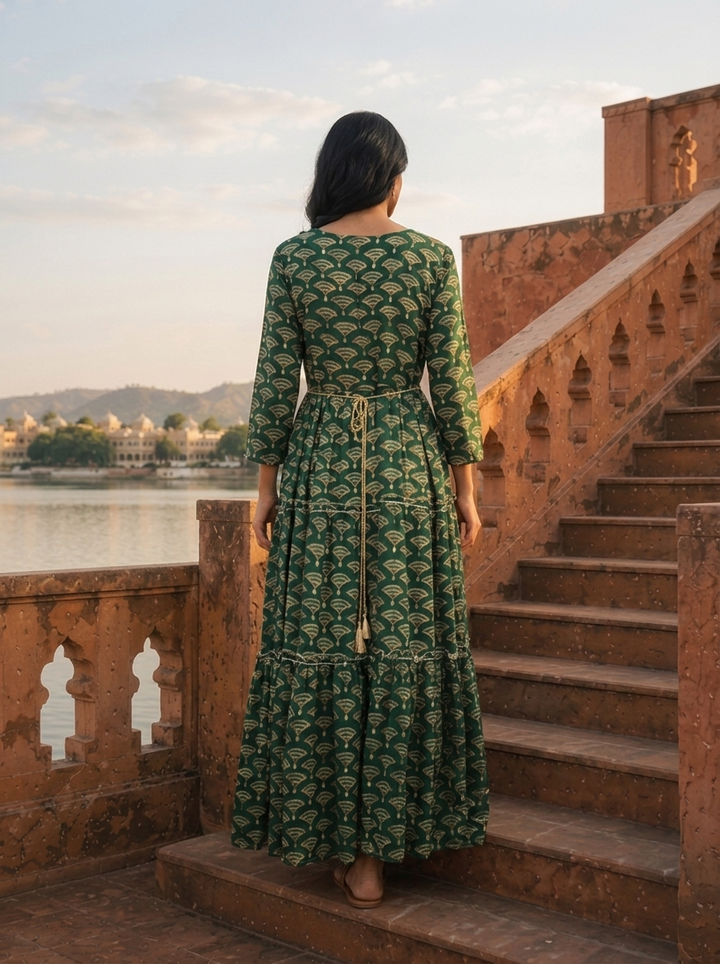 Green Rayon Fan-Shaped Architectural Motifs Printed Dress