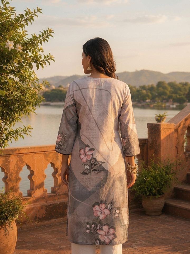Grey Rayon Taupe Abstract Printed Kurta