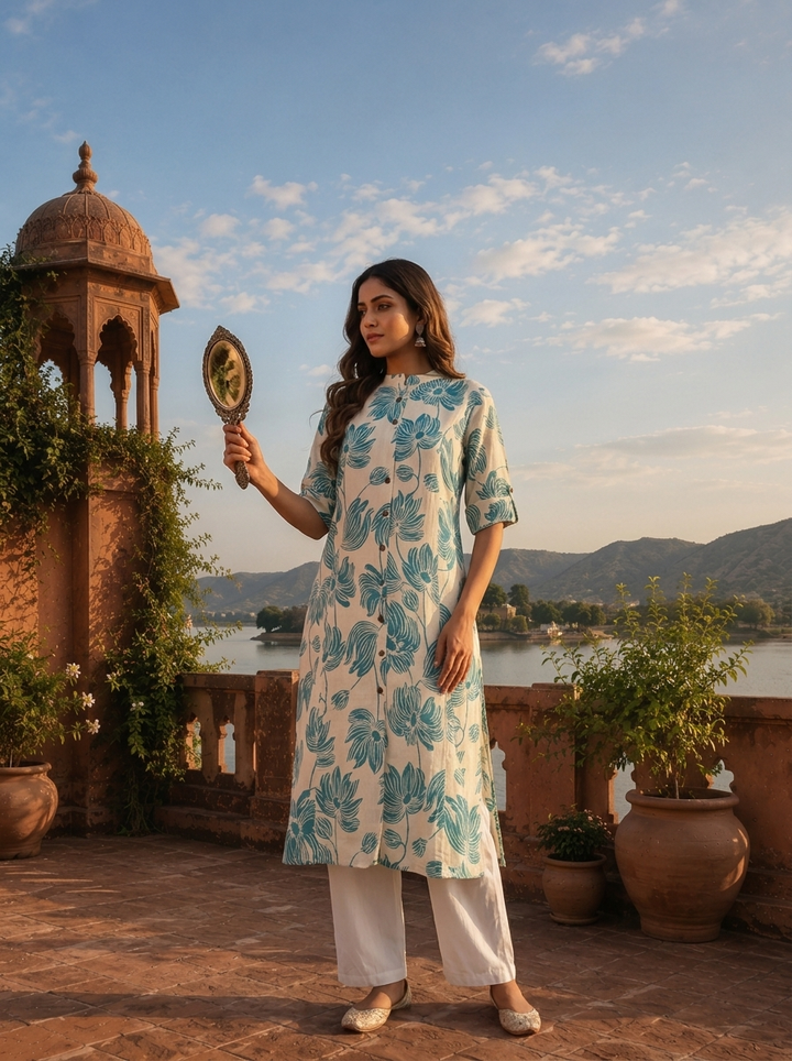 Sea Green Cotton Lotus And Floral Motifs Printed Kurta