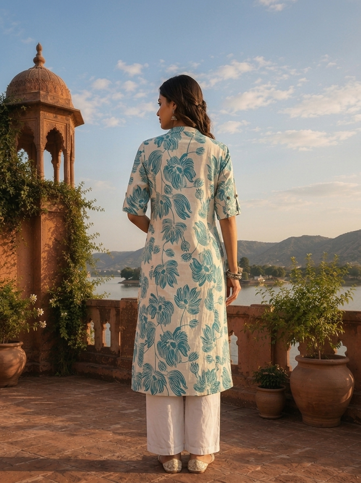 Sea Green Cotton Lotus And Floral Motifs Printed Kurta
