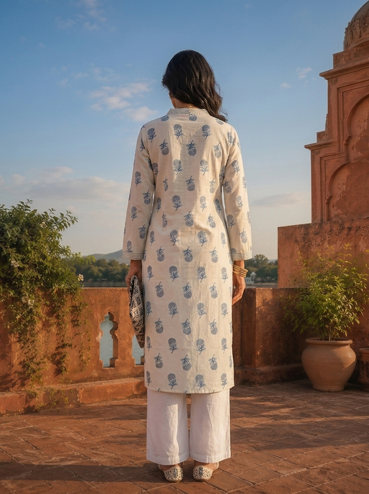 Blue Cotton Hand Block Printed Kurta