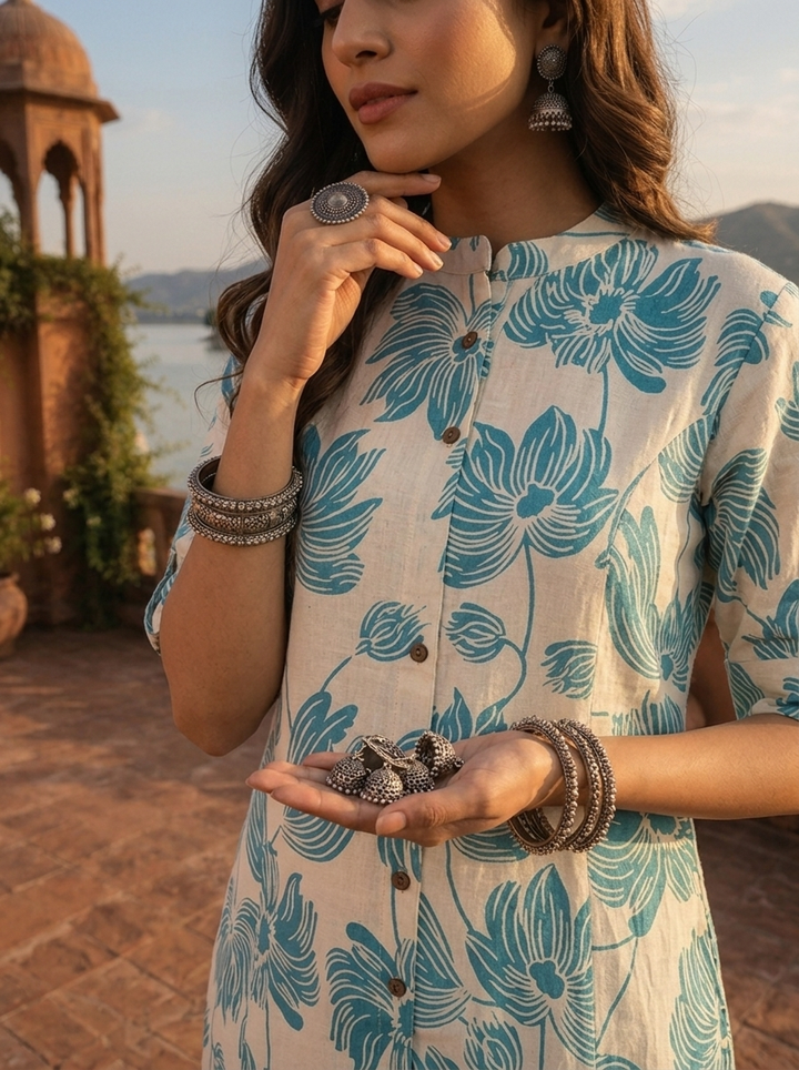 Sea Green Cotton Lotus And Floral Motifs Printed Kurta