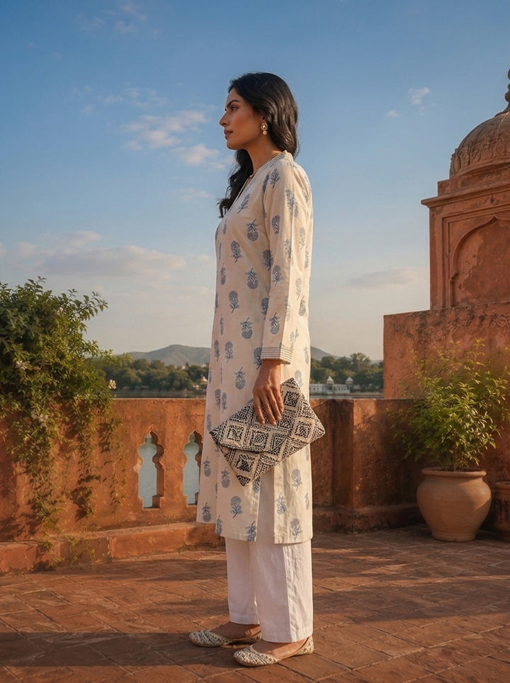 Blue Cotton Hand Block Printed Kurta