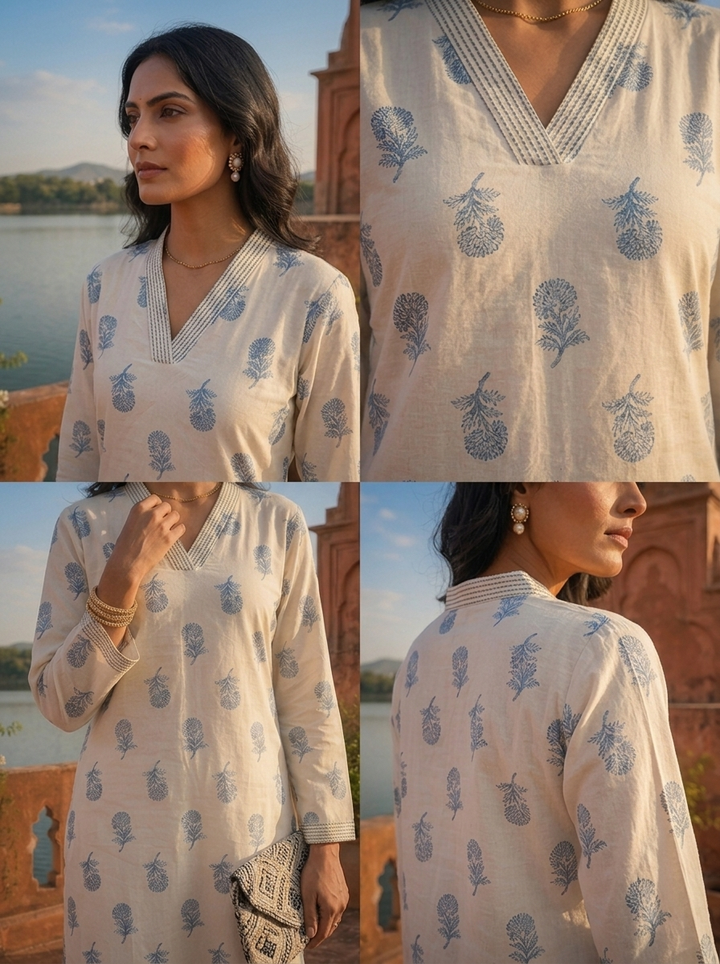 Blue Cotton Hand Block Printed Kurta