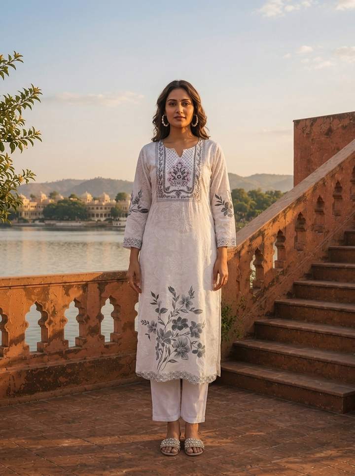 Black Muslin Floral Placement Printed Kurta