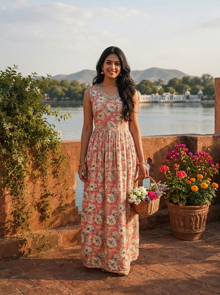 Rose Pink Rayon Vintage Floral Printed Dress