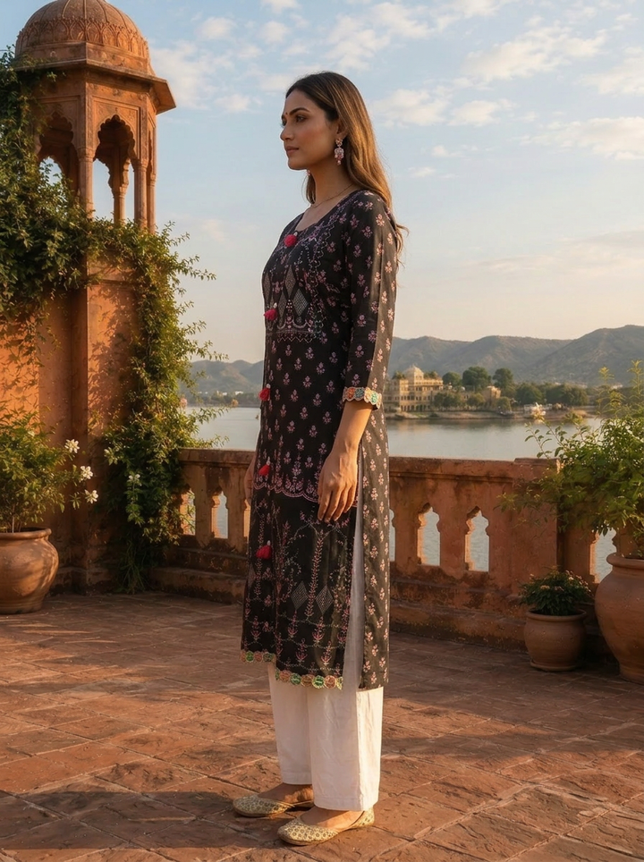 Black Modal Ethnic Geometric Printed Kurta