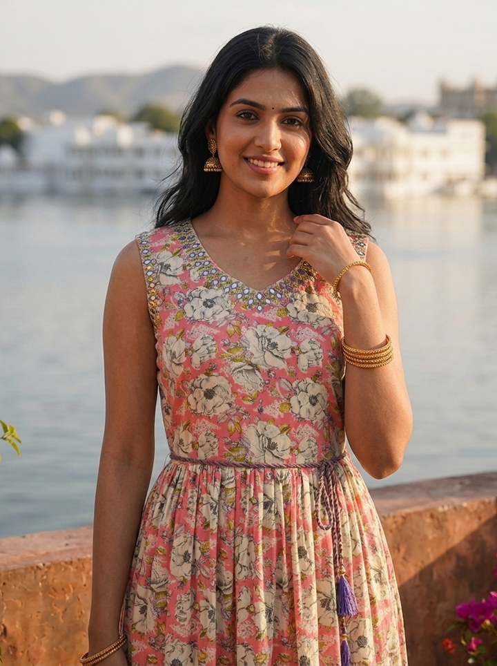 Rose Pink Rayon Vintage Floral Printed Dress