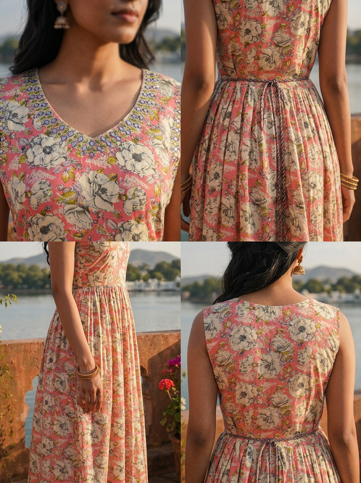 Rose Pink Rayon Vintage Floral Printed Dress