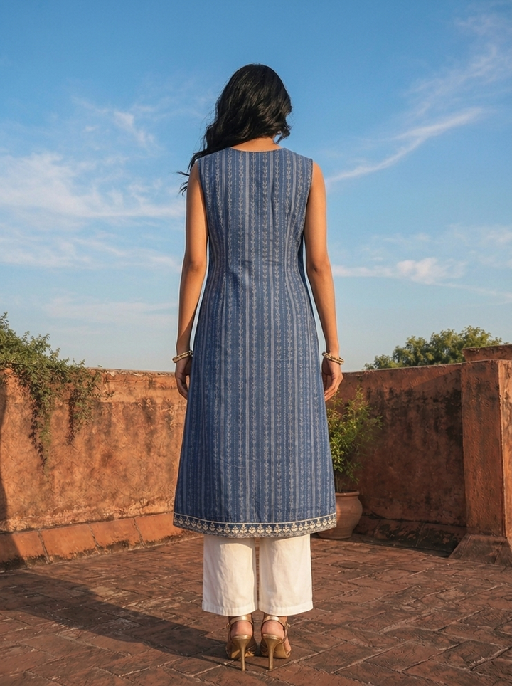 Blue Cotton Vertical Stripe Printed Kurta