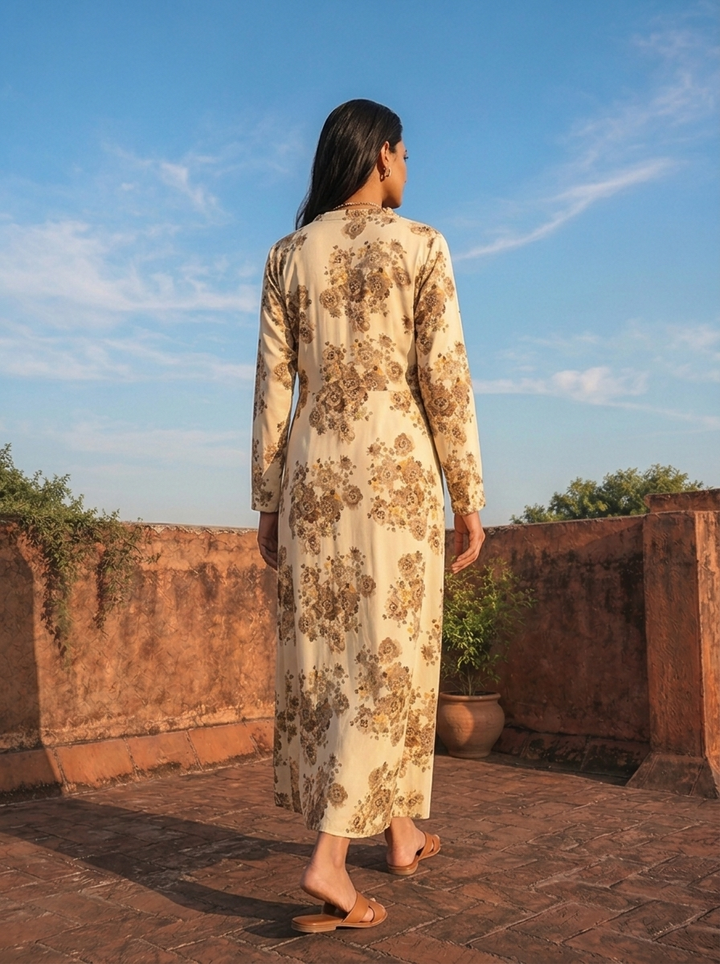 Cream Rayon Sepia Rose Printed Dress