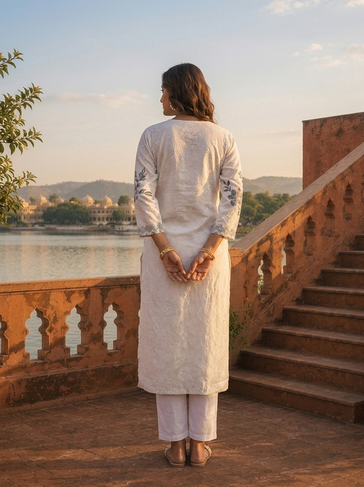 Black Muslin Floral Placement Printed Kurta
