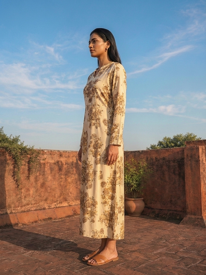 Cream Rayon Sepia Rose Printed Dress