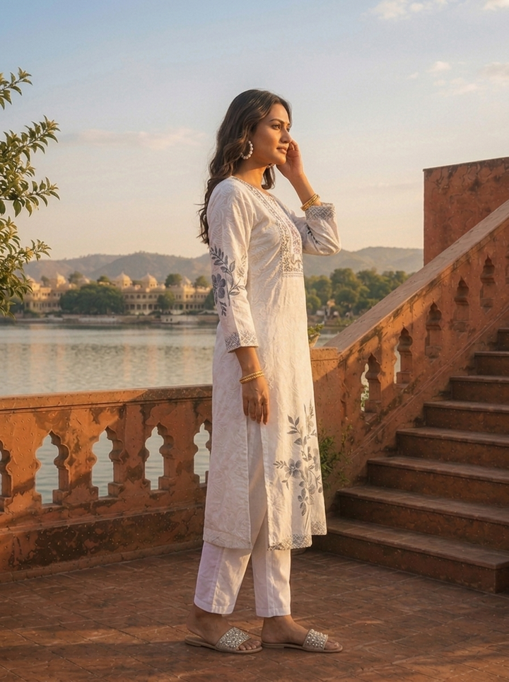 Black Muslin Floral Placement Printed Kurta