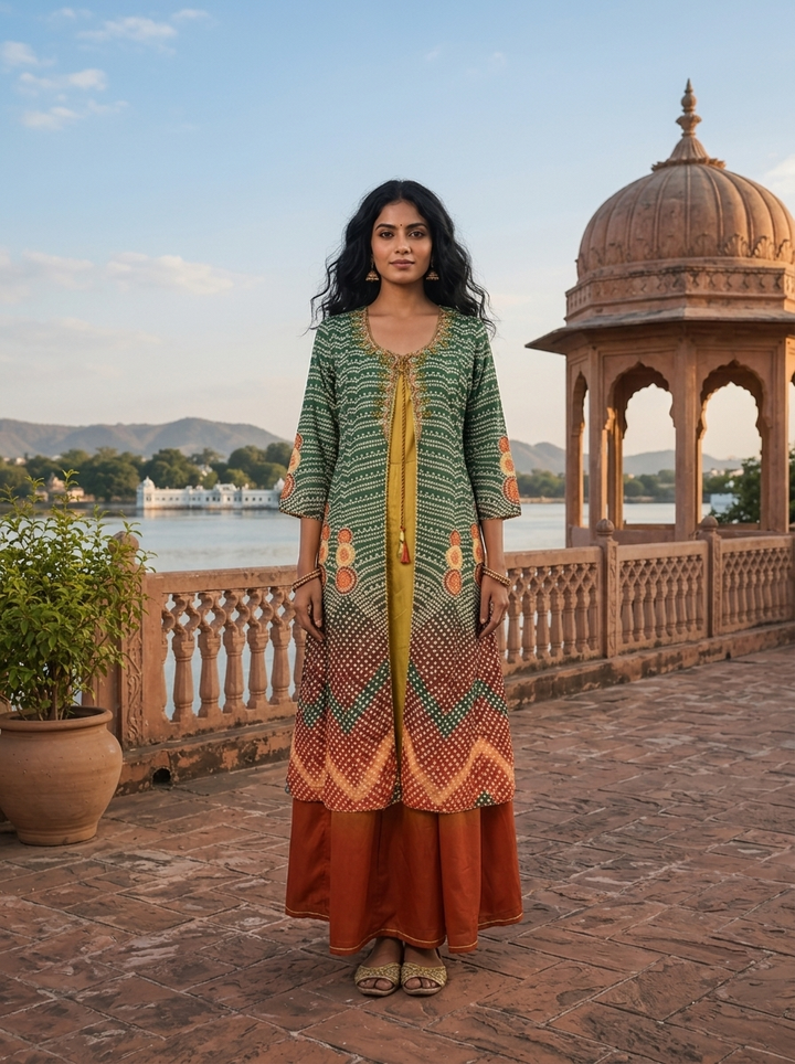 Green Muslin Ombre Bandhani Printed Dress