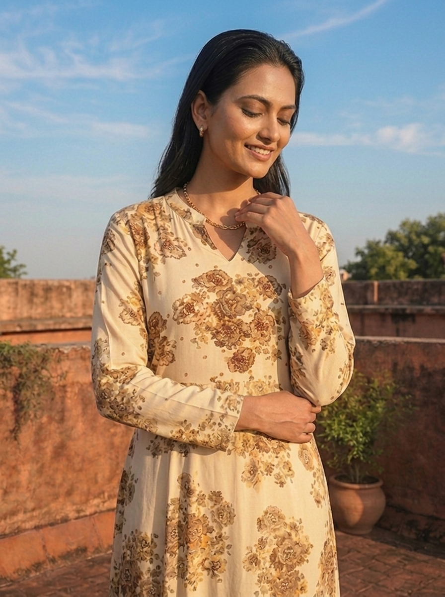 Cream Rayon Sepia Rose Printed Dress