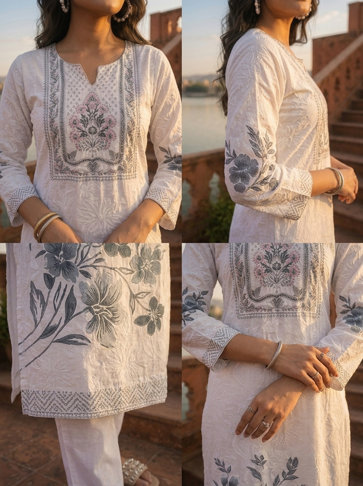 Black Muslin Floral Placement Printed Kurta