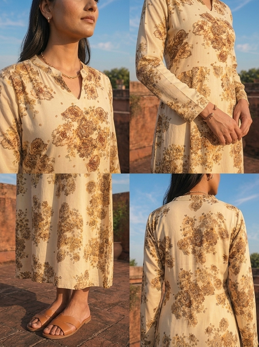 Cream Rayon Sepia Rose Printed Dress