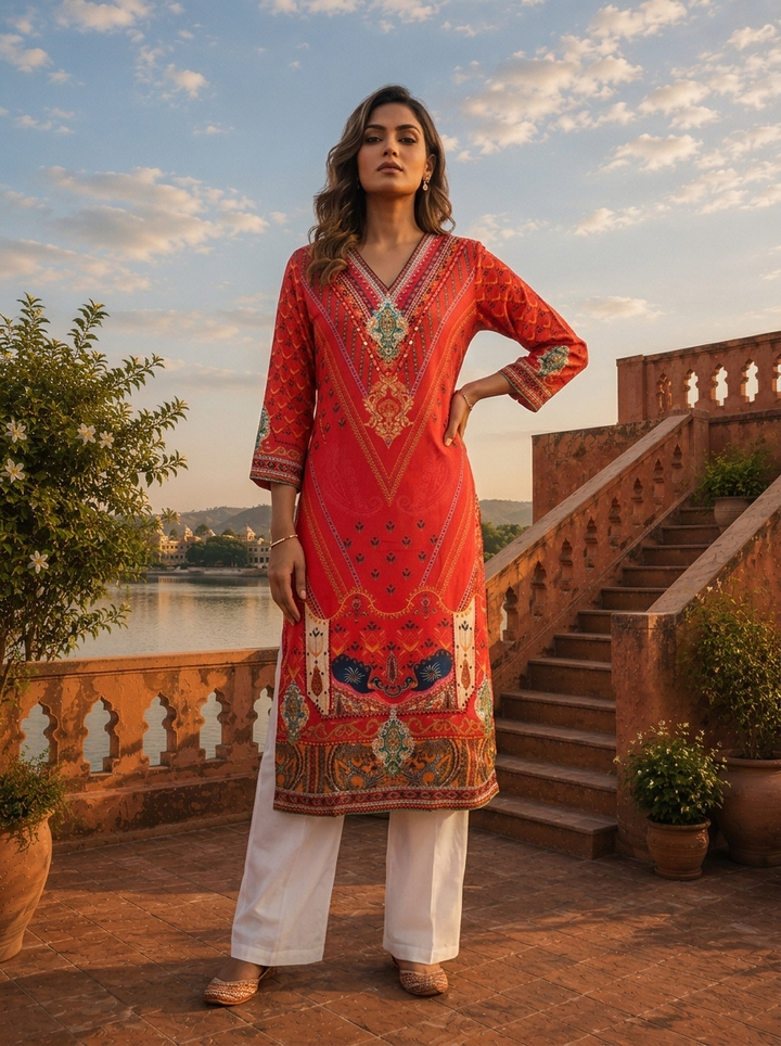 Red Muslin Mughal Printed Kurta