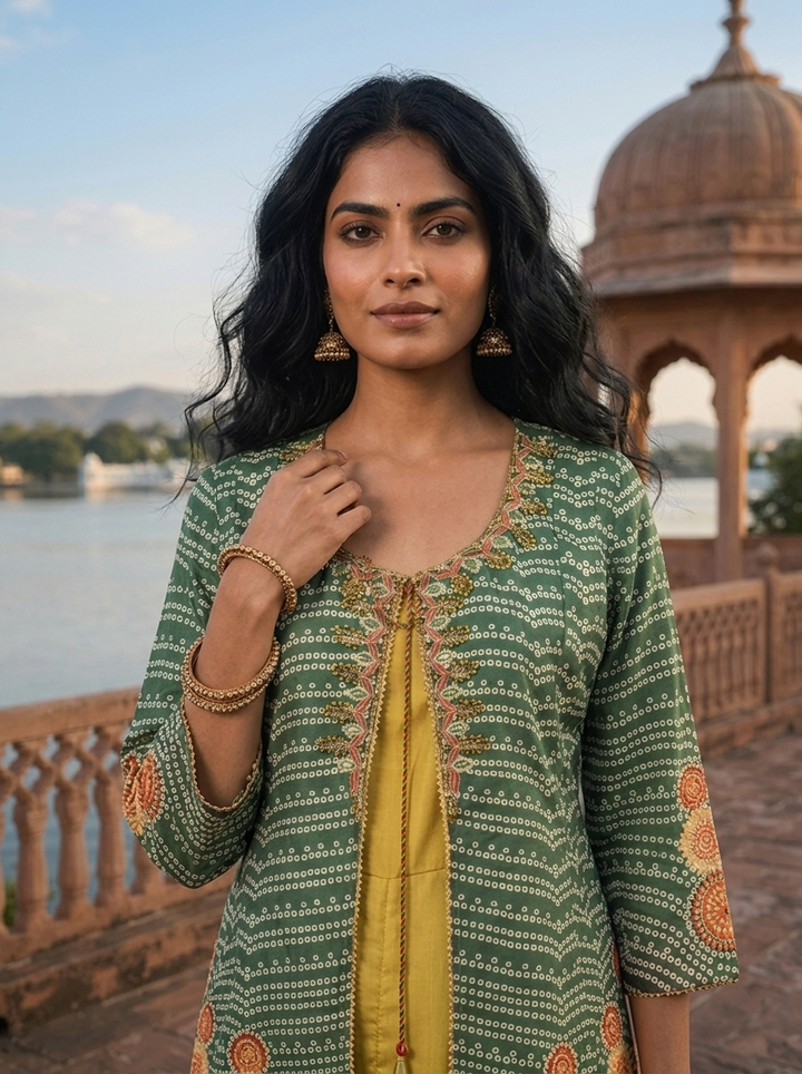Green Muslin Ombre Bandhani Printed Dress