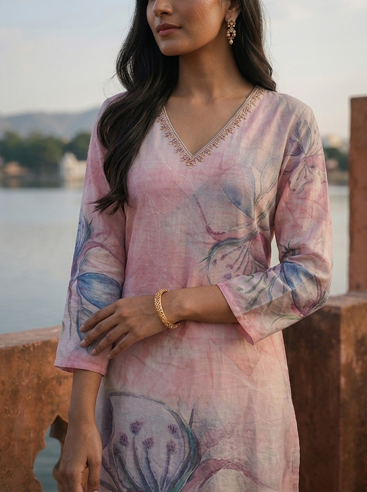 Onion Rayon Orchid Placement Printed Kurta
