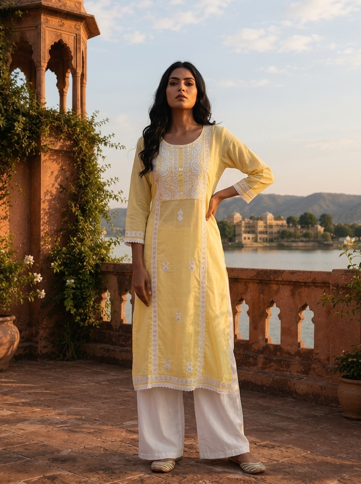Yellow Rayon Paisley And Floral Motifs Embroidered Kurta